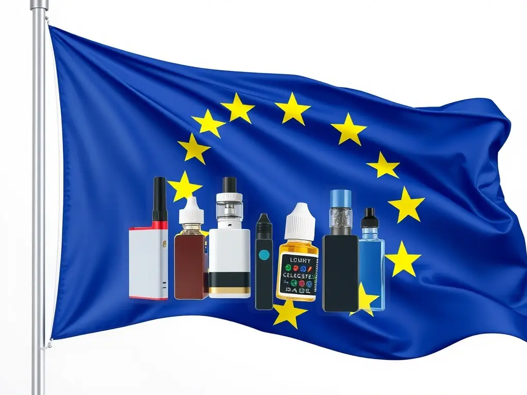 An image of the European Union flag with vape products overlaid, representing the TPD (Tobacco Products Directive) regulations in Europe.
