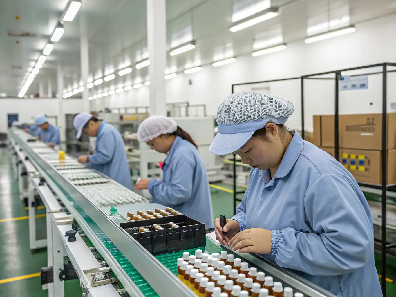 A modern manufacturing facility with skilled technicians assembling vape devices and liquids, showcasing the OEM/ODM manufacturing process.