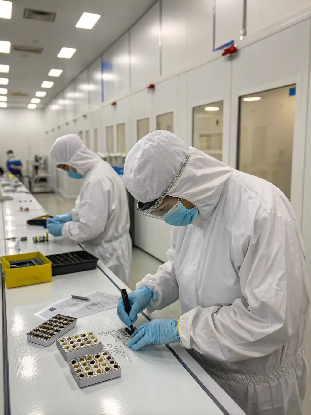 A cleanroom environment with workers in sterile suits assembling vape products, emphasizing the ISO standards.