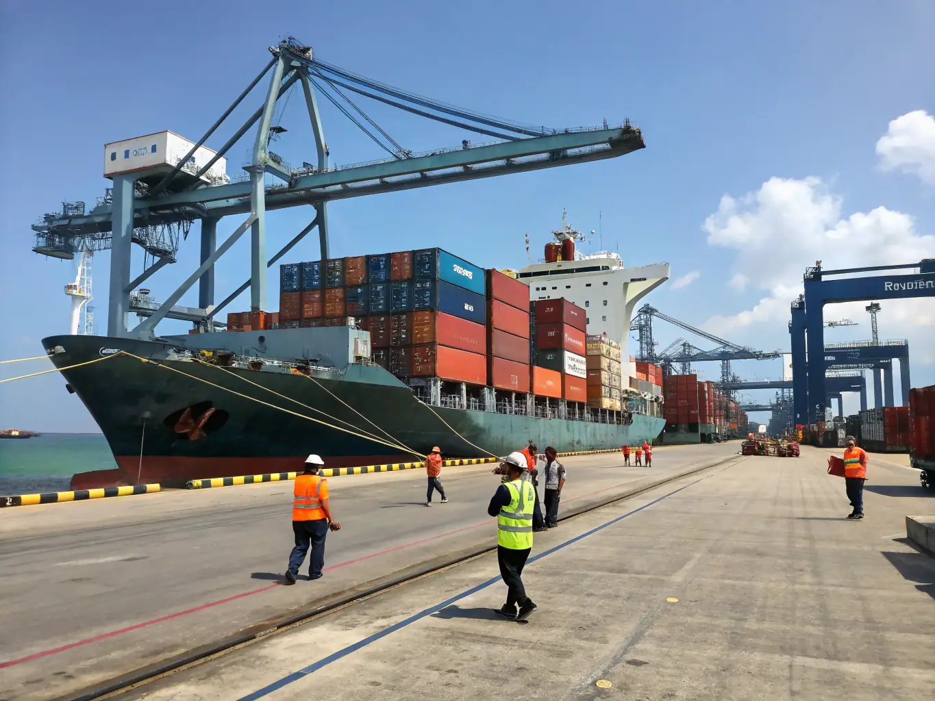 A cargo ship and trucks loaded with vape products at a busy port, illustrating the logistics and supply chain solutions.