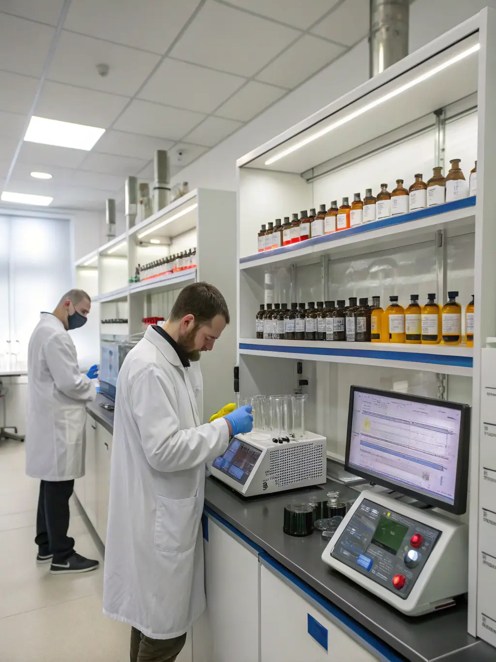 A laboratory technician testing vape liquid samples with advanced equipment, highlighting CNAS accreditation.