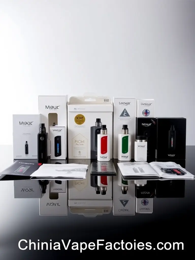 An image showcasing a variety of vape products, including disposable vapes, pod systems, and e-liquids, highlighting the diverse manufacturing capabilities of Ecigator Factory.