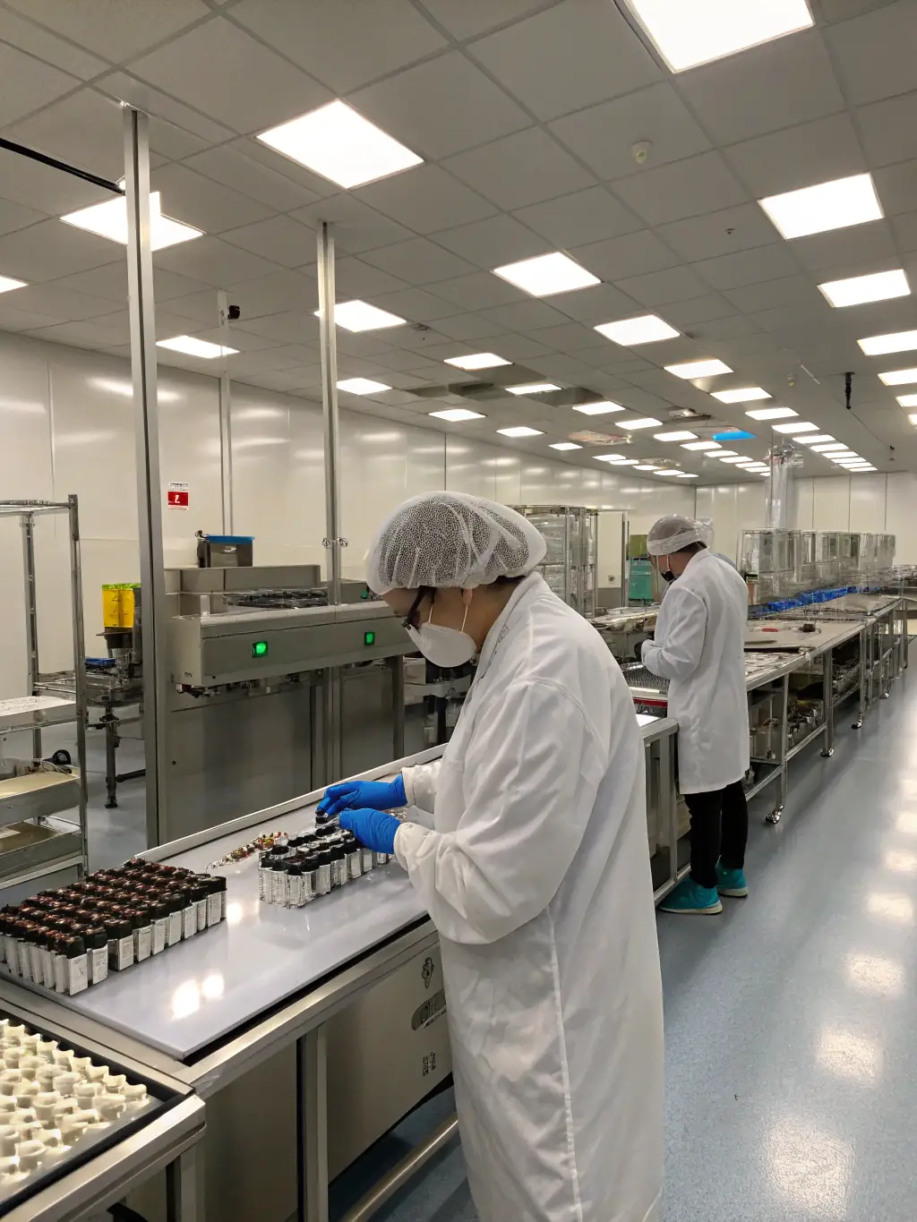 A close-up shot of a quality control technician inspecting vape components in a certified manufacturing facility, highlighting the importance of ISO/CNAS certifications. The image should convey trust and reliability.